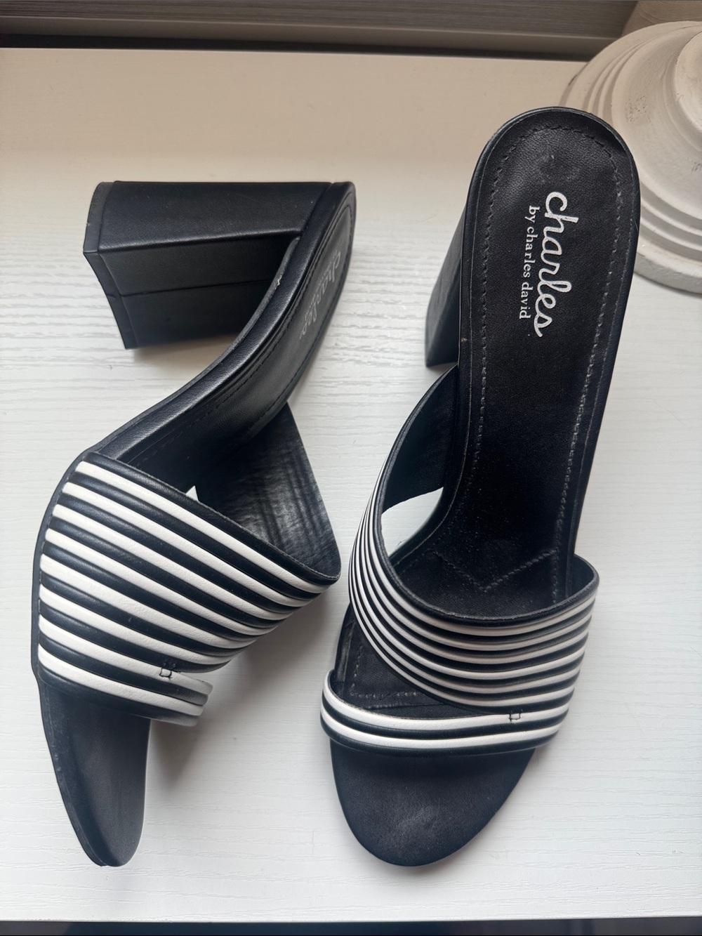 Charles by Charles David Black and White Striped Slide Mules